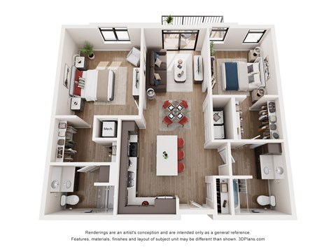 Floor plan for 2 beds, 2 baths, 1103 sqft